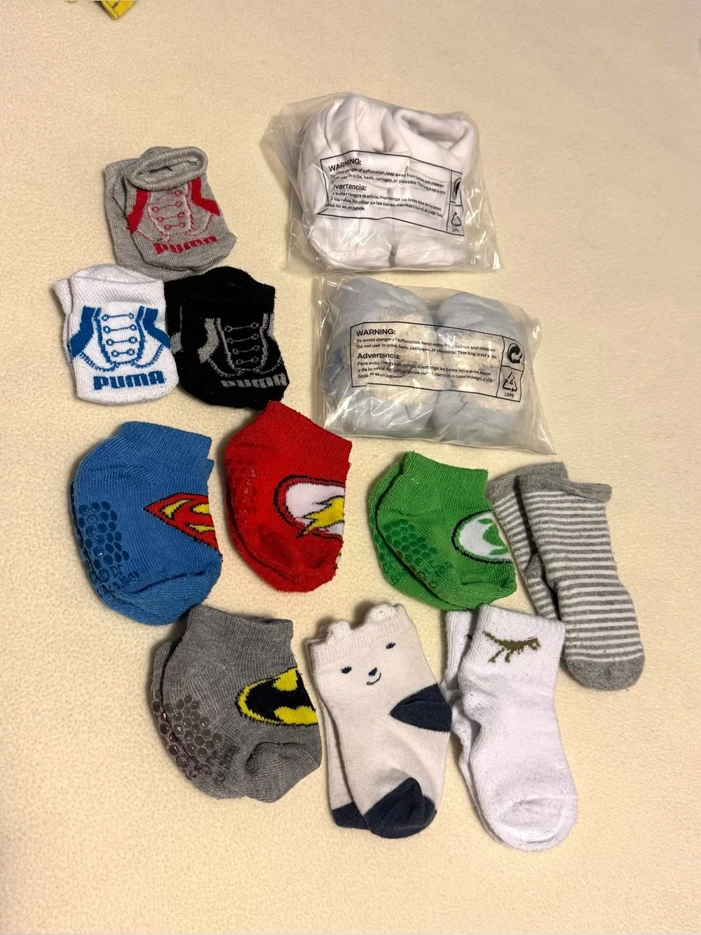 Baby Boy Socks & Booties Bundle 12pk Size 3-6M Puma, DC Comics Superheroes